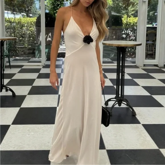 Revolve Helsa Sheer Deep V Long Slip Dress Cream Maxi with Rosette Flower Small - Picture 14 of 14